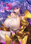  1girl bare_shoulders breasts claws collar fate/extra fate/extra_ccc fate_(series) gigantic_breasts hair_ribbon highres long_hair o-ring o-ring_top open_mouth passionlip_(fate) pink_eyes pink_ribbon purple_hair qibu_yuren_jiu ribbon solo very_long_hair 