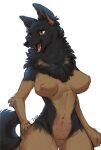  2022 absurd_res amber_eyes anthro belly_nipples big_breasts black_body black_fur black_nose breast_tuft breasts canid canine canis domestic_dog english_text featureless_breasts featureless_crotch female fluffy fluffy_chest fluffy_tail fur german_shepherd herding_dog hi_res ingi inner_ear_fluff kemono looking_aside mammal multicolored_body multicolored_fur neck_tuft nipples nude open_mouth pastoral_dog pink_nipples simple_background solo standing tan_body tan_fur teats text tongue tuft white_background 