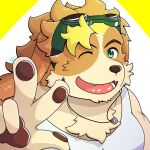  anthro blue_eyes canid canine canis clothing domestic_dog eyewear floppy_ears gesture goggles hi_res hisaki_(live-a-hero) jewelry lifewonders live-a-hero male mammal necklace one_eye_closed seiga_oekakicho shirt solo tank_top topwear v_sign video_games wink 