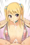  1boy 1girl absurdres age_difference bangs bikini blonde_hair blush breasts brown_eyes clenched_teeth collarbone commentary_request cum cum_on_body cum_on_breasts ejaculation fairy_tail gradient gradient_background hair_ornament heart heart-shaped_pupils hetero highres huge_breasts jewelry long_hair lucy_heartfilia motion_lines necklace onee-shota paizuri paizuri_under_clothes pink_background red_bikini sakidesu00 smile sweat swept_bangs swimsuit symbol-shaped_pupils teeth translation_request twintails white_background 