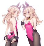  1girl animal_ears ass bare_shoulders black_choker black_legwear blonde_hair blush braid breasts choker closed_mouth from_behind hair_ornament highres long_hair looking_at_viewer minutachi multiple_views pantyhose phase_connect pink_eyes pipkin_pippa playboy_bunny rabbit_ears rabbit_tail sideboob simple_background single_braid small_breasts solo tail virtual_youtuber white_background 