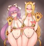  2girls akkgsyk animal_ears animal_hands animal_print areola_slip areolae bikini blonde_hair blush breast_tattoo breasts closed_eyes closed_mouth gloves hair_between_eyes hairband highres large_breasts licking_lips long_hair luis_cammy mole mole_under_mouth multiple_girls navel nijisanji paw_gloves pubic_hair purple_hair red_eyes sakura_ritsuki smile steaming_body swimsuit tail tattoo thigh_gap tiger_ears tiger_print tongue tongue_out twintails very_long_hair 