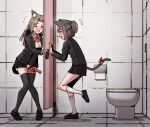  2girls animal_ear_fluff animal_ears bathroom between_legs black_footwear black_jacket black_legwear black_skirt blush bow bowtie breasts brown_hair buttons cat_ears cat_girl cat_tail choco_(rune_(pixiv_25170019)) collared_shirt commentary door embarrassed eyebrows_visible_through_hair flying_sweatdrops from_side full_body green_eyes hair_intakes hand_between_legs hand_up hands_up have_to_pee highres indoors jacket kneehighs knees_together_feet_apart leg_up long_hair long_sleeves medium_breasts miniskirt multiple_girls natali_(rune_(pixiv_25170019)) nose_blush one_eye_closed open_clothes open_jacket open_mouth original pee peeing peeing_self pigeon-toed pleated_skirt pocket ponytail red_bow red_bowtie rune_(pixiv_25170019) school_uniform shiny shiny_hair shirt shoes short_hair sidelocks sideways_mouth skindentation skirt small_breasts standing standing_on_one_leg sweat tail tail_between_legs tail_bow tail_ornament tears thighhighs tile_floor tile_wall tiles toilet toilet_paper toilet_stall trembling white_legwear white_shirt wince 