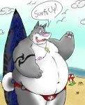  2011 anthro beach belly big_belly bulge canid canine canis clothing grey_body humanoid_hands kemono male mammal moobs navel nipples obese obese_male outside overweight overweight_male pink_nose seaside solo surfboard swimwear text vvolfaith white_body wolf 