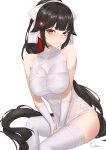  1girl absurdres artist_name azur_lane bangs black_hair blush breasts brown_eyes china_dress chinese_clothes closed_mouth covered_navel dress elbow_gloves eyebrows_visible_through_hair feet_out_of_frame fingerless_gloves garter_straps gloves hair_ribbon highres ichikushi_mojibake lips long_hair looking_at_viewer medium_breasts official_alternate_costume ponytail ribbon sitting smile solo takao_(azur_lane) takao_(the_lessons_of_spring)_(azur_lane) thighhighs very_long_hair white_background white_dress white_gloves white_legwear white_ribbon 