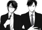  2boys adjusting_clothes adjusting_necktie bangs black_hair black_necktie formal glasses greyscale long_sleeves male_focus monochrome multiple_boys necktie parted_bangs ponkotsu_keisatsukan_wa_watashi_ni_muchuu short_hair simple_background suit ueno_haruki upper_body white_background 