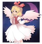  1girl angel_wings blonde_hair bow bowtie closed_mouth cocoa_(cocoa1qld) collared_shirt crescent ellipsis_(mitei) feathered_wings frilled_skirt frills gengetsu_(touhou) gensokyo hair_ribbon happy highres juliet_sleeves long_sleeves open_clothes open_vest puffy_sleeves red_bow red_bowtie red_ribbon red_vest ribbon shirt short_hair skirt sleeve_garter smile touhou touhou_(pc-98) vest white_shirt white_skirt white_wings wings yellow_eyes 