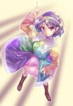  blue_hair boots bow commentary_request dress frills highres looking_at_viewer mizushima_hana multicolored_clothes multicolored_dress multicolored_hairband orange_sleeves patchwork_clothes pointing pointing_down pointing_up purple_eyes rainbow_gradient short_hair smile stitches tenkyuu_chimata touhou yellow_sleeves 