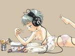 blue_eyes blue_hair breasts eating female headphones laying_down lying original panties solo underwear 