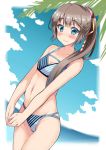  1girl bikini blue_sky brown_hair cloud collarbone cowboy_shot day dutch_angle fingers_together flat_chest hair_ribbon horizon kantai_collection kazagumo_(kantai_collection) kusano_(torisukerabasu) long_hair navel ocean outdoors ponytail ribbon silver_eyes sky solo standing striped striped_bikini swimsuit 