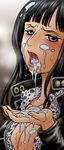  bangs black_hair blue_eyes blush breasts cleavage cum cum_in_hand cum_in_mouth cum_on_body cum_on_breasts cum_on_hair cum_on_upper_body cumdrip face facial female highres long_hair long_image nico_robin one_piece open_mouth solo tall_image upper_body 