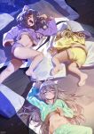  3girls absurdres ahoge animal_hood arm_up artist_name bare_legs barefoot blush bow bsue cat_hood commentary copyright_name drill_hair drooling eyepatch eyes_closed flat_chest food_print full_body fur_trim futon green_pajamas grey_hair hand_on_hip hand_to_forehead hayasaka_mirei highres hood hood_down hood_up hooded_pajamas hoshi_shouko idolmaster idolmaster_cinderella_girls idolmaster_cinderella_girls_starlight_stage individuals indoors long_hair lying medium_hair midriff morikubo_nono multicolored_hair multiple_girls mushroom_print navel night no_nose on_back on_floor on_side open_mouth pajamas pants pillow purple_hair purple_pajamas ringlets short_shorts shorts signature sleeping sleeves_past_wrists stomach streaked_hair very_long_hair wooden_floor yamcha_pose yellow_pajamas 