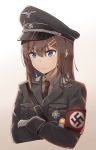  1girl armband blue_eyes brown_hair commentary crossed_arms eyebrows_visible_through_hair hair_ornament hairpin hat highres iron_cross long_hair military military_hat military_uniform nazi necktie original peaked_cap simple_background solo swastika totenkopf unicron_(brous) uniform upper_body world_war_ii 