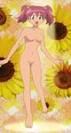  1girl breasts brown_eyes female flower full_body highres hinata_natsumi keroro_gunsou naked nipples nude nude_filter photoshop pink_hair pussy solo sunflower twintails uncensored undressing 