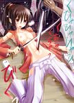  1girl blood breasts brown_eyes brown_hair cut cuts defeated feet footwear guro highres injury nipples pants shirt socks spread_legs stab stabbed stabbing sword tamanegi2 torn_clothes translation_request weapon 