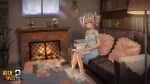  1girl bangs bare_shoulders benghuai_xueyuan blue_dress book bookshelf bow bronya_zaychik closed_mouth couch dress fireplace full_body grey_eyes grey_hair hair_bow holding holding_book honkai_(series) honkai_impact_3rd indoors lamp looking_at_viewer majiang nightgown pillow sandals sitting sleeveless sleeveless_dress solo table tea teapot tearing_up white_legwear window 