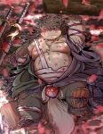  absurd_res anthro asian_clothing bandage belly bulge cai_yuwang canid canine canis clothing domestic_dog east_asian_clothing flower_petals fundoshi hair hi_res japanese_clothing lifewonders lying male mammal musclegut nipples on_back pawpads pecs petals ponytail red_eyes samurai shino_(housamo) solo tokyo_afterschool_summoners underwear video_games warrior 