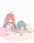  2girls ahoge blue_hair bracelet collared_shirt computer green_eyes hair_down highres hololive hoshimachi_suisei jacket jewelry laptop long_hair multiple_girls nitsumaru_maruta pink_hair sakura_miko shirt sleeping sleeves_rolled_up virtual_youtuber 