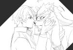  anthro duo eye_contact eyebrows felid holding_face human izm_rm7 lifewonders line_art looking_at_another male male/male mammal pantherine tezcatlipoca thick_eyebrows tokyo_afterschool_summoners twink_protagonist_(tas) video_games 