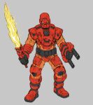  1boy armor bionicle fire flame_sword flaming_sword flaming_weapon grey_background highres holding holding_weapon jeetdoh kanohi_(bionicle) lego mask no_humans red_eyes robot sword tahu_(bionicle) the_lego_group weapon 