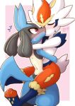  &lt;3 2021 acky05 ambiguous/ambiguous ambiguous_gender anthro anthro_on_anthro blush bodily_fluids carrying_partner cinderace duo embrace eyes_closed hi_res kissing lucario nintendo pok&eacute;mon pok&eacute;mon_(species) red_eyes sweat sweatdrop video_games 