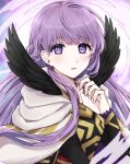  1girl aura black_feathers blush cape dress eyebrows_visible_through_hair feather_trim fire_emblem fire_emblem:_the_binding_blade fire_emblem_heroes highres long_hair long_sleeves looking_at_viewer misato_hao official_alternate_costume open_mouth purple_eyes purple_hair purple_nails simple_background solo sophia_(fire_emblem) upper_body very_long_hair 