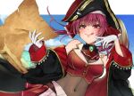  1girl ascot bangs belt black_jacket bossan_3310 breasts brown_belt brown_eyes cloud covered_navel eyebrows_behind_hair eyebrows_visible_through_hair hat heterochromia highres holding holding_map hololive houshou_marine jacket licking_lips map medium_breasts ocean off_shoulder pirate_hat red_ascot red_eyes red_hair red_skirt skirt sky smile solo tongue tongue_out twintails virtual_youtuber 