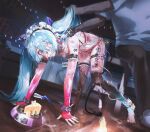  1boy 1girl aqua_eyes aqua_hair asymmetrical_legwear black_legwear body_writing breasts collar crying crying_with_eyes_open detached_sleeves elbow_gloves eyebrows_visible_through_hair gloves hair_between_eyes hatsune_miku highres long_hair medium_breasts mismatched_legwear nipple_piercing nipples open_mouth piercing sad sex_toy shoes single_shoe slave tattoo tears thighhighs torture twintails very_long_hair vocaloid ying_yi 