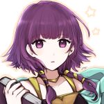  1girl bare_shoulders blush book cape collarbone eyebrows_visible_through_hair fire_emblem fire_emblem:_the_sacred_stones highres holding holding_book looking_at_viewer low_twintails lute_(fire_emblem) medium_hair misato_hao open_mouth outline portrait simple_background solo star_(symbol) twintails white_background 