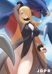  1girl alternate_costume arm_up armpits black_leotard blonde_hair breasts cleavage cleavage_cutout closed_mouth clothing_cutout cloud commentary_request covered_navel cynthia_(pokemon) day eyelashes fur_collar fur_cuffs garchomp hair_over_one_eye highleg holding holding_poke_ball jdprakoso leotard long_hair looking_at_viewer outdoors poke_ball poke_ball_(basic) pokemon pokemon_(creature) pokemon_(game) pokemon_dppt see-through_coat sky smile thighs very_long_hair web_address 