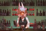  1girl alcohol bar bartender black_kimono black_vest bottle breasts checkered_ribbon cocktail cocktail_shaker counter cup dress_shirt drinking_glass eyebrows_visible_through_hair eyelashes eyeshadow facial_mark forehead_mark formal fox_girl grey_hair highres hikimayu japanese_clothes kimono laolihecha large_breasts long_hair looking_at_viewer makeup mature_female mole mole_under_eye nijisanji nijisanji_en nina_kosaka open_mouth ponytail red_eyeliner red_eyes red_eyeshadow ribbon shirt short_eyebrows smile solo suit vest virtual_youtuber white_shirt wine_bottle wine_glass 