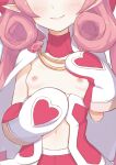  1girl blush breasts breasts_apart cape closed_mouth curly_hair detached_collar hands_up head_out_of_frame highres lips long_hair mittens morisobo navel neneka_(princess_connect!) nipples pink_hair pointy_ears princess_connect! small_breasts smile solo upper_body 
