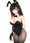  1girl absurdres animal_ears arms_behind_back black_bow black_bowtie black_hair black_legwear black_leotard bow bowtie breasts ciirilla_(sullendaisy) cleavage detached_collar final_fantasy final_fantasy_vii final_fantasy_vii_remake highres large_breasts leotard long_hair pantyhose playboy_bunny rabbit_ears rabbit_tail red_eyes solo strapless strapless_leotard tail tifa_lockhart 