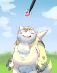  2013 anthro belly biped blush bodily_fluids chesnaught detailed_background drooling food fur hi_res kemono kernelewdies nintendo outside overweight pok&eacute;mon pok&eacute;mon_(species) saliva solo video_games white_body white_fur 