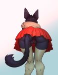  anthro bent_over bottomwear butt clothed clothing clothing_lift domestic_cat fathersweetberry felid feline felis female genitals hi_res legwear mammal no_underwear pussy rear_view signature simple_background skirt skirt_lift solo stockings thigh_gap thigh_highs upskirt 