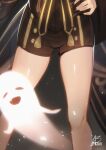  1girl absurdres acrylicstroke artist_name black_nails black_shorts blurry chinese_clothes commentary depth_of_field english_commentary genshin_impact ghost hand_on_hip highres hu_tao_(genshin_impact) out_of_frame short_shorts shorts signature simple_background thighs 