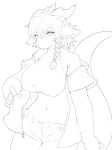  2018 5_fingers :o anthro bangs bare_shoulders big_breasts biped bottomwear braided_hair breasts clothed clothing digital_media_(artwork) dragon eye_through_hair eyebrow_through_hair eyebrows female fingers fully_clothed hair hair_between_eyes hanadaiteol hi_res horn hotpants kemono legs_together line_art long_hair monochrome nere non-mammal_breasts non-mammal_navel off_shoulder open_clothing open_mouth portrait raised_tail shorts simple_background solo three-quarter_portrait translucent translucent_hair white_background wingless_dragon 