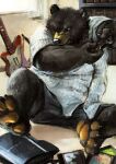  2012 anthro black_body black_fur black_nose bookshelf bottomwear clothing detailed_background fur furniture gaming humanoid_hands inside kemono male mammal musical_instrument overweight overweight_male playing_videogame playstation playstation_3 racoonwolf shirt shorts sitting solo sony_corporation sony_interactive_entertainment topwear ursid video_games 