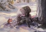 1girl aiming animal backpack bag blue_eyes bonnie commentary_request day green_bag grey_hair gun highres holding holding_gun holding_weapon long_hair lying on_stomach original outdoors rifle russian_flag scope sniper_rifle snow squirrel tree weapon weibo_username white_hair 