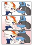 &lt;3 2021 absurd_res acky05 ambiguous/ambiguous ambiguous_gender anthro anthro_on_anthro bodily_fluids cinderace comic duo embrace eye_contact eyes_closed hi_res kissing looking_at_another lucario nervous nintendo open_mouth pok&eacute;mon pok&eacute;mon_(species) red_eyes sweat sweatdrop video_games 