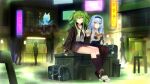  2girls black_gloves black_hairband black_legwear black_skirt blue_hair brown_eyes building cityscape cup disposable_cup drinking_straw fingerless_gloves girls&#039;_frontline gloves green_hair hairband highres holding holding_cup long_hair lrig m950a_(girls&#039;_frontline) miniskirt multiple_girls outdoors pleated_skirt shirt sidelocks sitting skirt thunder_(girls&#039;_frontline) two_side_up white_shirt 