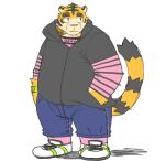  2013 anthro biped bottomwear clothing felid hoodie kemono low_res male mammal overweight overweight_male pantherine pants pink_nose simple_background solo syukouakanaru tiger topwear white_background 