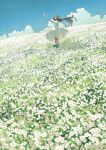  1girl bird black_footwear blue_sky brown_hair cloud commentary_request day dress field flower flower_field full_body highres long_hair meadow original outdoors outstretched_arm potg_(piotegu) short_sleeves sky solo standing white_dress wide_shot 