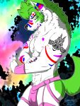  abstract_background anthro belt canid canine canis chest_tuft franklyfurry fur fur_markings hi_res male mammal markings mostly_nude muscular muscular_anthro muscular_male nipples pecs piercing solo stripper tattoo tuft white_body wolf 