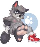  2021 3_toes absurd_res anthro bedroom_eyes black_body black_fur chest_tuft clothing dominant feet foot_fetish foot_focus footwear footwear_only fur grey_body grey_fur grin hi_res kiwi_hugh looking_at_viewer male mammal mostly_nude musk_clouds narrowed_eyes nipples pawpads presenting procyonid raccoon removing_socks seductive sharp_teeth shoes shoes_only sitting smelly smelly_feet smile socks solin_(gigafucker) solo teeth toes tuft 