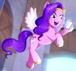  absurd_res cellphone cutie_mark equid equine female gold_(metal) gold_hooves gold_jewelry green_eyes hair hasbro headpiece hi_res hooves jewelry mammal mlp_g5 my_little_pony open_mouth open_smile pegasus phone pipp_petals_(mlp) purple_hair smartphone smile the-butcher-x wings wire 