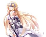  1girl armor armored_dress bangs blonde_hair chain fate/apocrypha fate/grand_order fate_(series) headpiece jeanne_d&#039;arc_(fate) jeanne_d&#039;arc_(fate/apocrypha) jeanne_d&#039;arc_(third_ascension)_(fate) long_hair looking_at_viewer looking_back panikuru_yuuto simple_background smile solo sword very_long_hair weapon white_background 