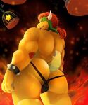  2020 anthro back_muscles big_butt big_muscles black_background bowser bracelet bubble_butt bulge butt butt_focus cage clothing collar eyebrows fire hair horn jewelry jockstrap karkuma koopa looking_at_viewer looking_back looking_back_at_viewer looking_down looking_down_at_viewer low-angle_view male mario_bros muscular muscular_anthro muscular_male narrowed_eyes nintendo open_mouth open_smile ponytail rear_view scalie simple_background smile solo spiked_bracelet spiked_collar spiked_tail spikes spikes_(anatomy) standing star teeth triceps underwear video_games 