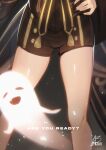  1girl absurdres acrylicstroke artist_name black_nails black_shorts blurry chinese_clothes commentary depth_of_field english_commentary english_text genshin_impact ghost hand_on_hip highres hu_tao_(genshin_impact) out_of_frame short_shorts shorts signature simple_background thighs 