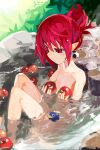  1girl apple breasts demon_girl demon_wings disgaea earrings etna food fruit frustrated jewelry makai_senki_disgaea mini_wings miyakawa106 onsen red_eyes red_hair skull_earrings slit_pupils small_breasts solo water wet wings 